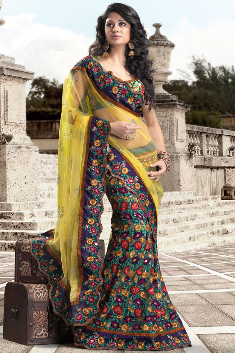 Yellow and Viridian Green Net Embroidered Lehenga Style Saree   163.00