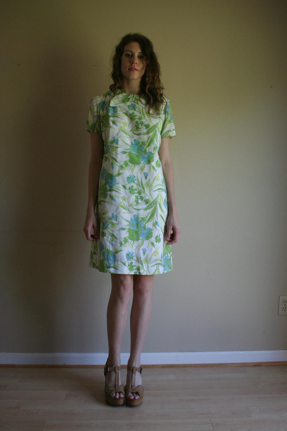 60s Dress Lime Green and Cornflower on White Nylon Mod Scooter Tent Mini
