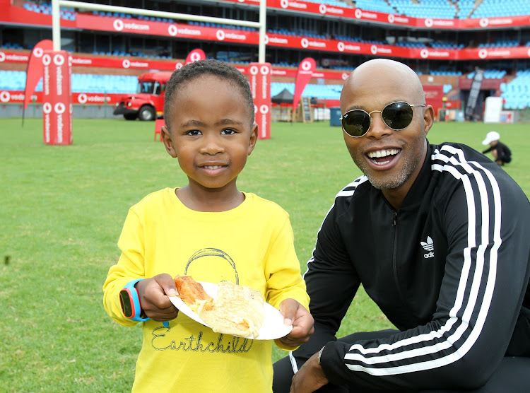 Thapelo Mokoena and his son, Lereko, at the Father-Son Sleepout hosted at Loftus Versfeld Stadium this past weekend.