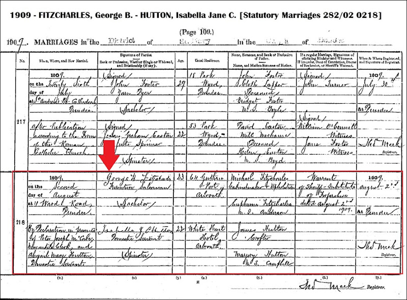 FITZCHARLES_George B marriage to Isabella Jane HUTTON_2 Aug 1909_DundeeScotland_annot