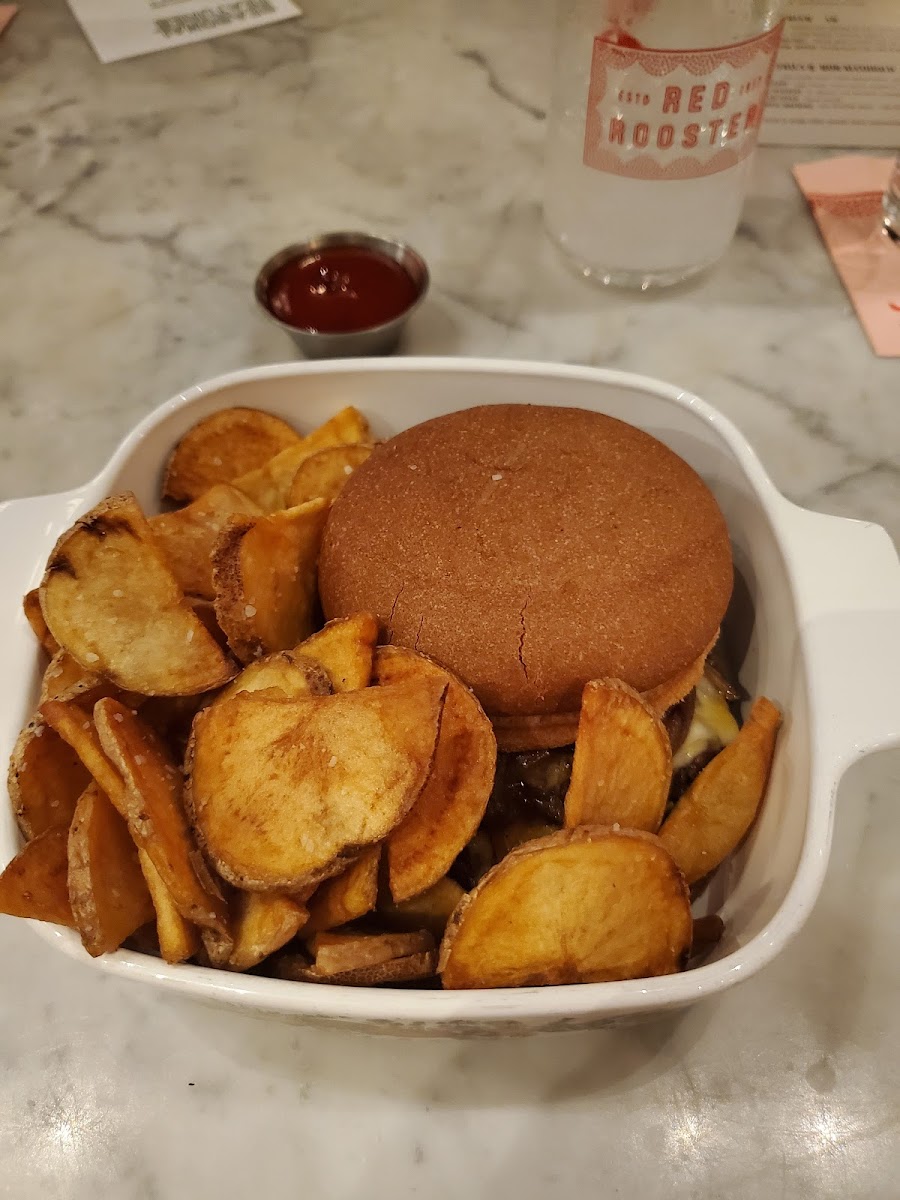 Rooster burger and fries