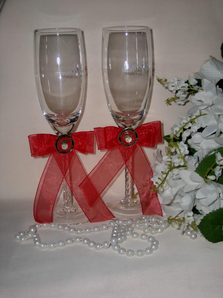 U.S. MARINE MILITARY WEDDING BRIDE & GROOM TOASTING GLASSES