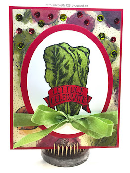 Linda Vich Creates: Gardening With Market Fresh: Part Three. A glorious head of Romaine lettuce is the featured stamp from the Market Fresh stamp set. It is dewy fresh on a vegetable-studded matte and embellished with ribbon and sequins.
