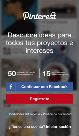 Pantalla de inicio de Pinterest en el móvil