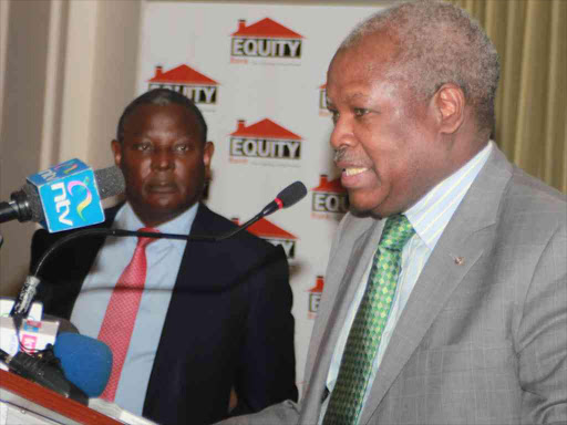 A file photo of Equity bank CEO James Mwangi with Equitel chairman John Waweru during an Equity holdings Investors briefing in Nairobi.Photo/Enos Teche.