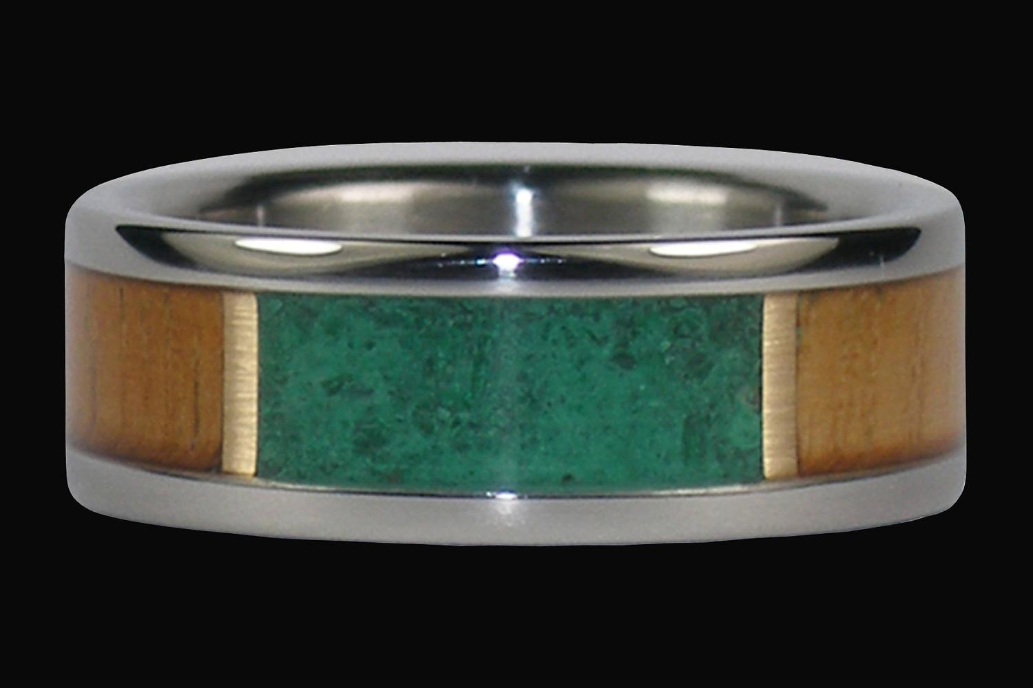Green Malachite and Teak Wood Titanium Ring with 14k Gold by Hawaii Titanium