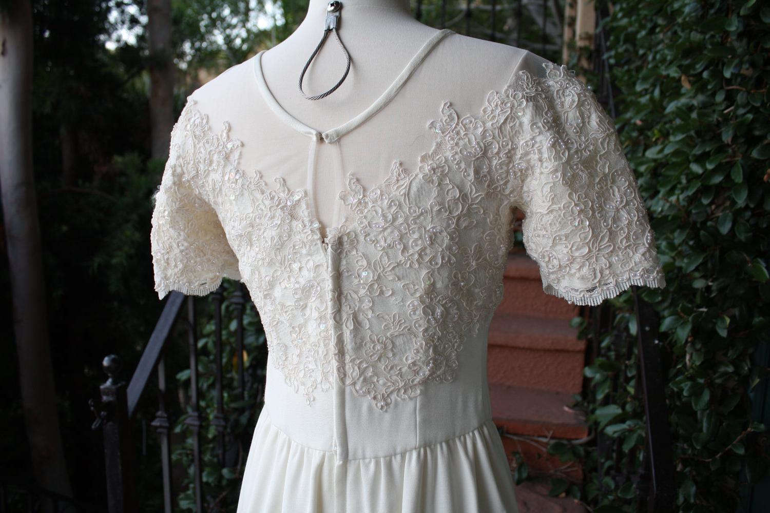 The Kelly: Vintage Lace and Pearl Embroidered Wedding Dress with Sheer