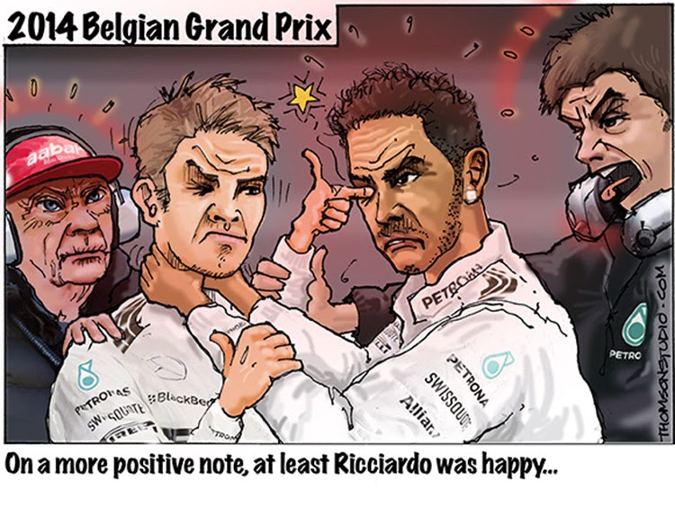 схвата Нико Росберга и Льюиса Хэмилтона - комикс Bruce Thomson по Гран-при Бельгии 2014