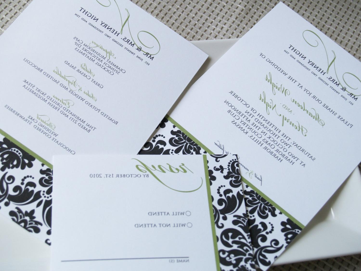 Custom damask wedding invitation mini set with invitation, reception card,