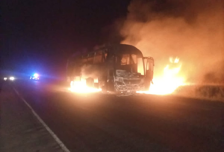 Mombasa-bound bus on fires along the Nairobi - Mombasa highway at Kanga area near Tsavo National park in Makueni County on January 22, 2024/