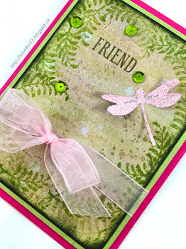 Linda Vich Creates: I Spy A Dragonfly. A watercolored matte, edged with ferns makes a perfect landing spot for a sparkly pink dragonfly from the Awesomely Artistic stamp set! Twinkling sequins and a sheer bow complete this lovely card.