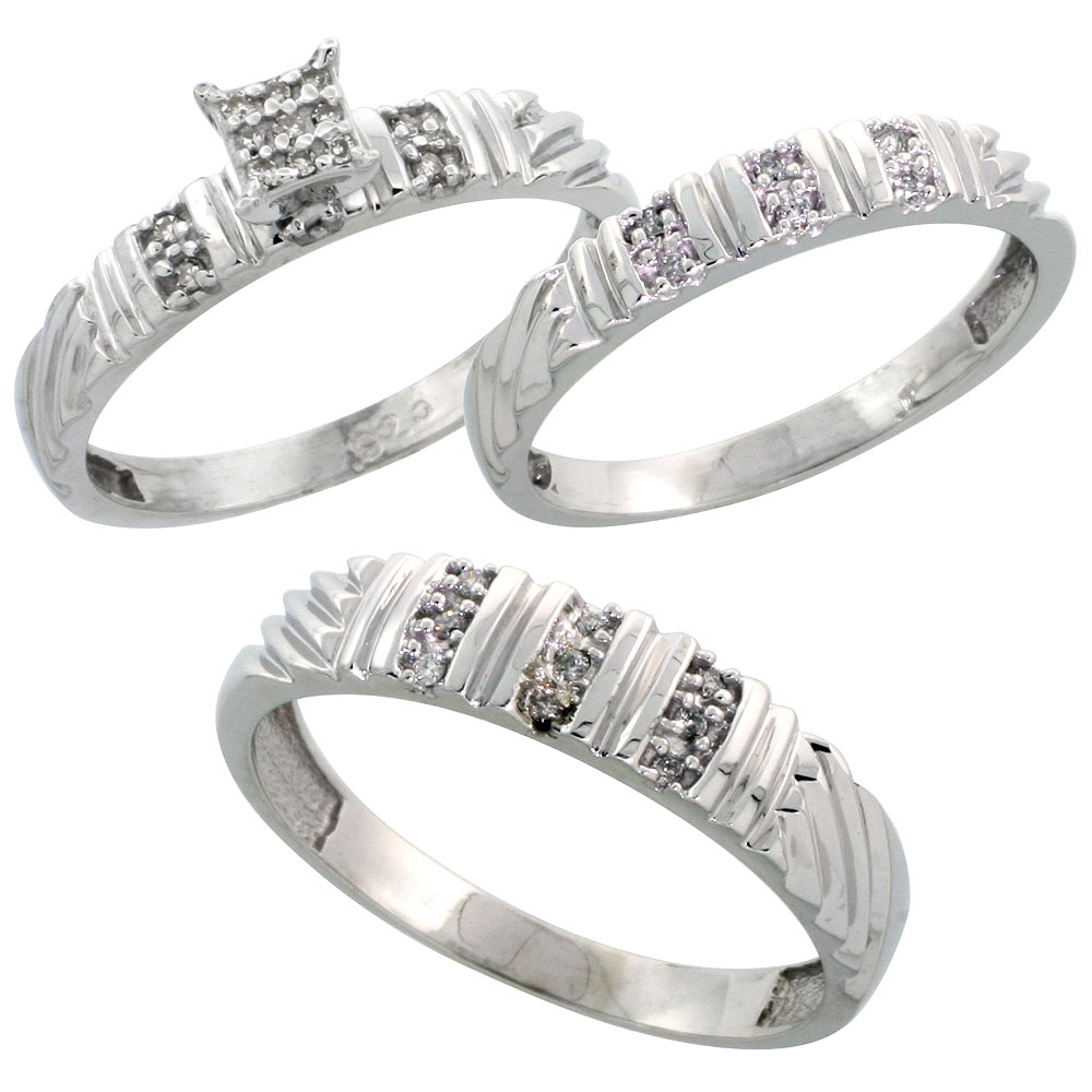 Sterling Silver 3-Piece Trio His  5mm  & Hers  3.5mm  Diamond Wedding Band