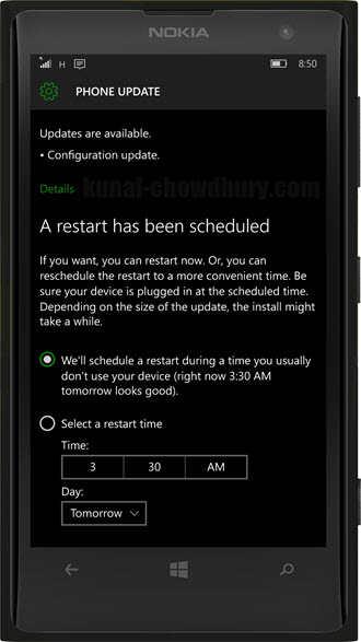 Configuration Updates for Windows 10 Mobile - Schedule Restart (www.kunal-chowdhury.com)