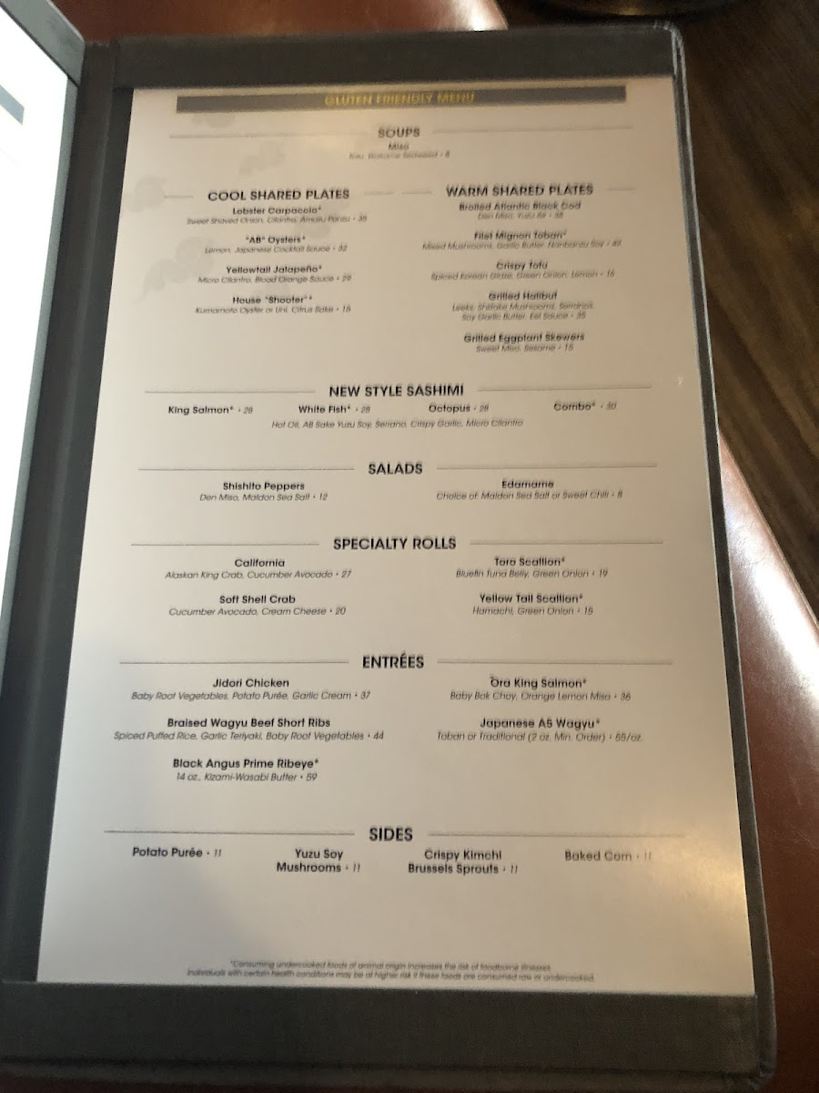 Yellowtail at the Bellagio gluten-free menu