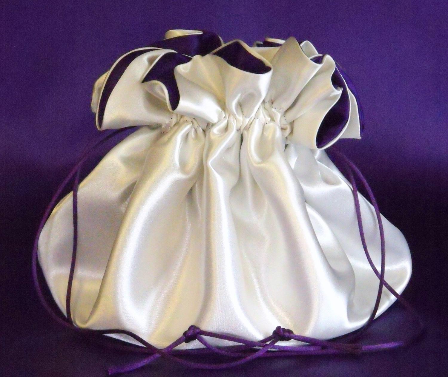 Wedding Bag,Satin Bridal Money Purse, Ivory and Purple, No Pockets, Super