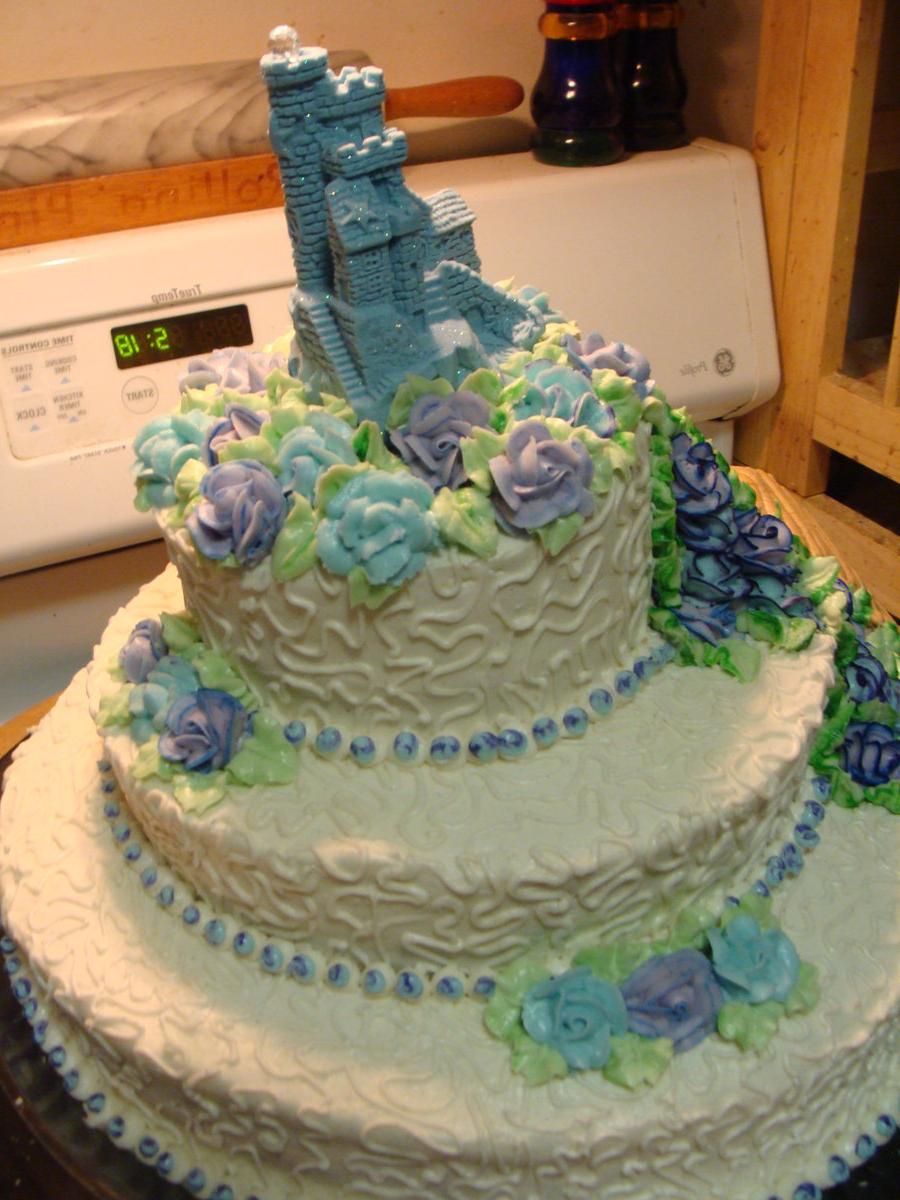 blue orchids on wedding cake