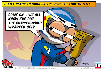 Себастьян Феттель готовится завоевать 4-ый титул на Гран-при Индии 2013 - комикс Chris Rathbone