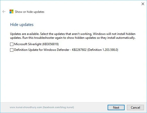 4. Show or Hide updates Troubleshooter - Hide selective updates