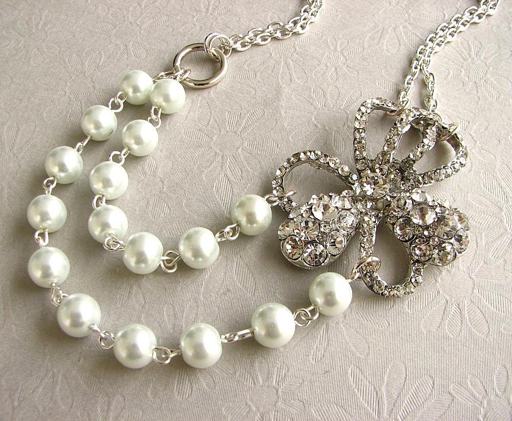 Pearl Crystal Necklace, Vintage Wedding Jewelry, Pearl Rhinestone Necklace,