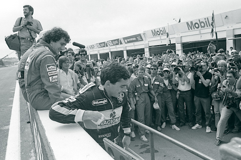 Алан Прост Айртон Сенна черно-белое фото Эшторил Гран-при Португалии 1986
