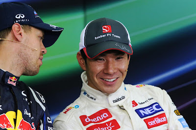 Себастьян Феттель и Камуи Кобаяши на пресс-конференции победителей и призеров на Гран-при Японии 2012