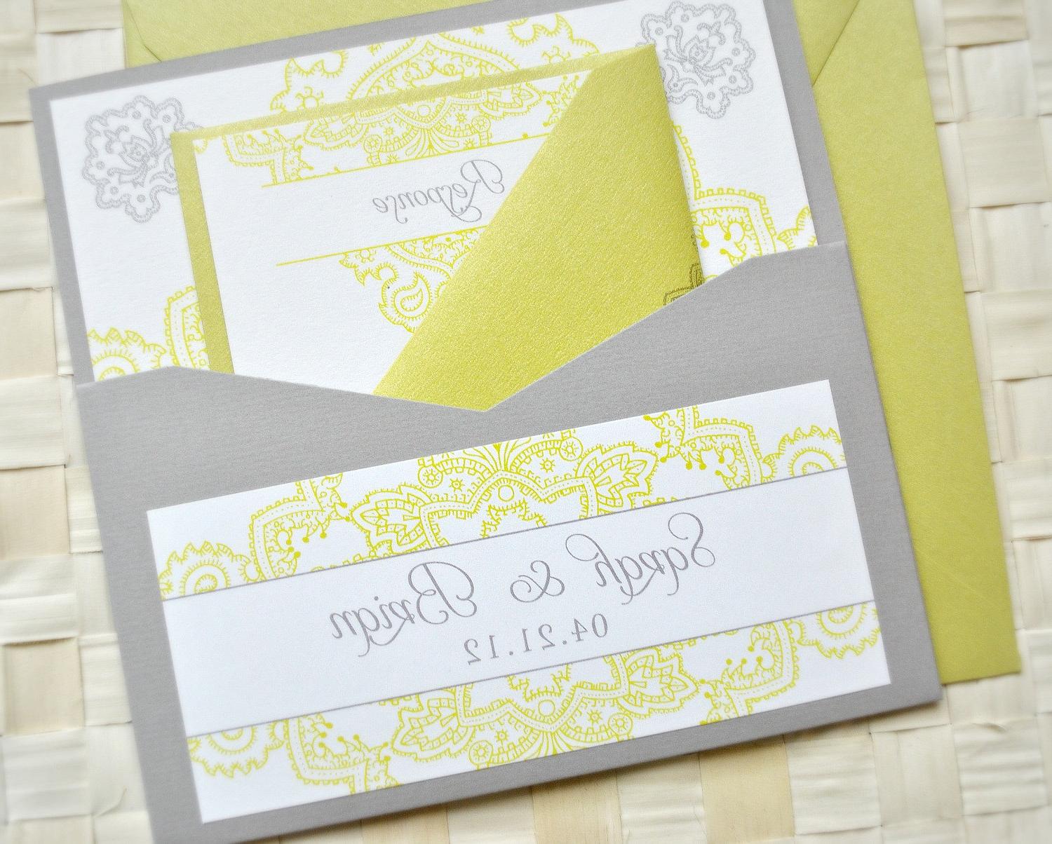 Carla Pocket Wedding Invitation Suite - White, Grey and LIme, Customizable