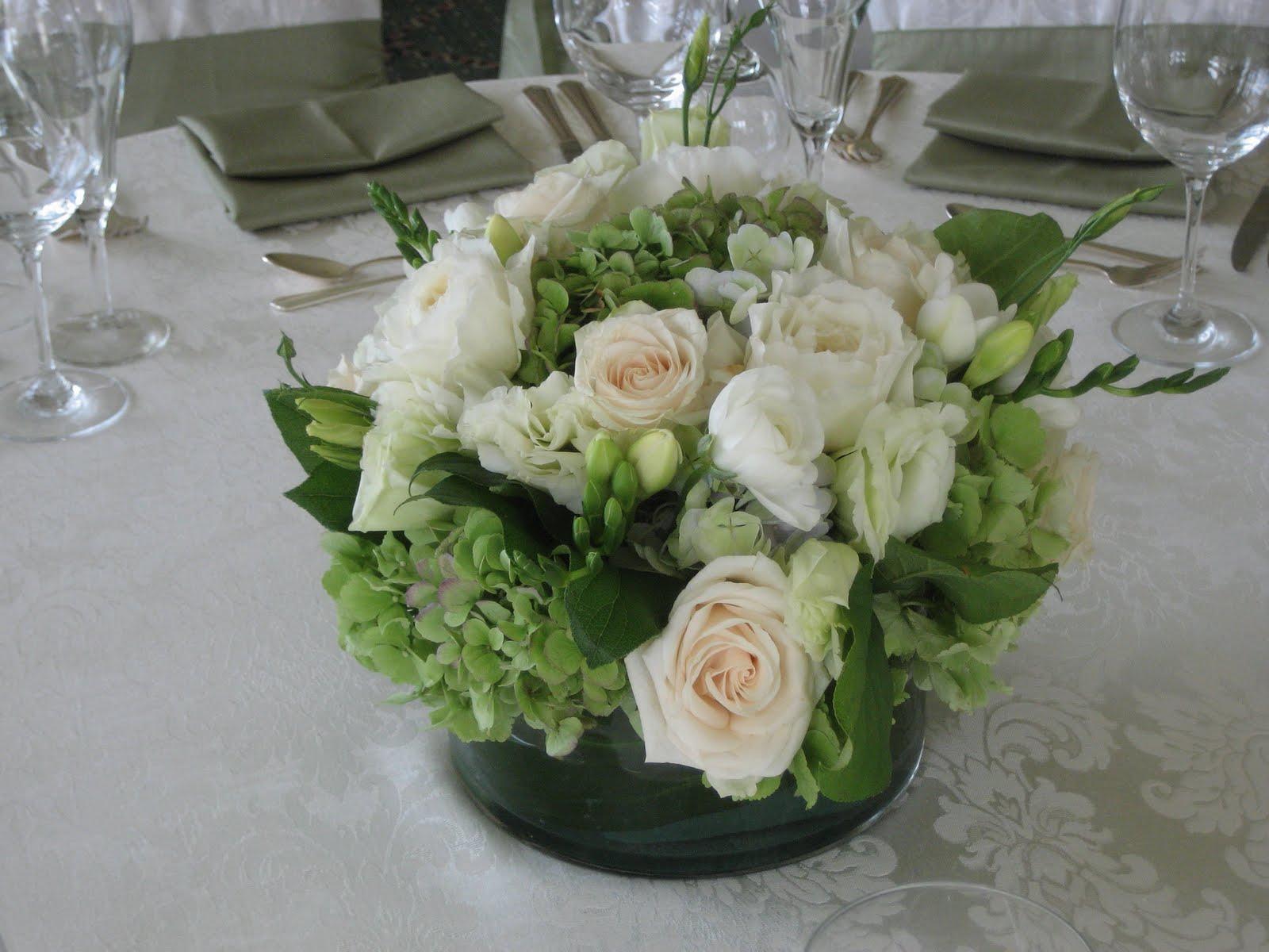 green and centerpieces, white