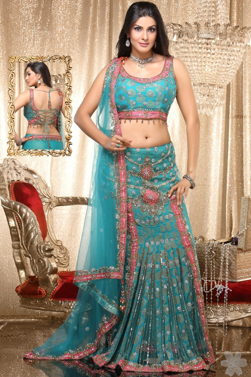 Bondi Blue Net Wedding and Festival Embroidered Lehenga Style Saree   620.00
