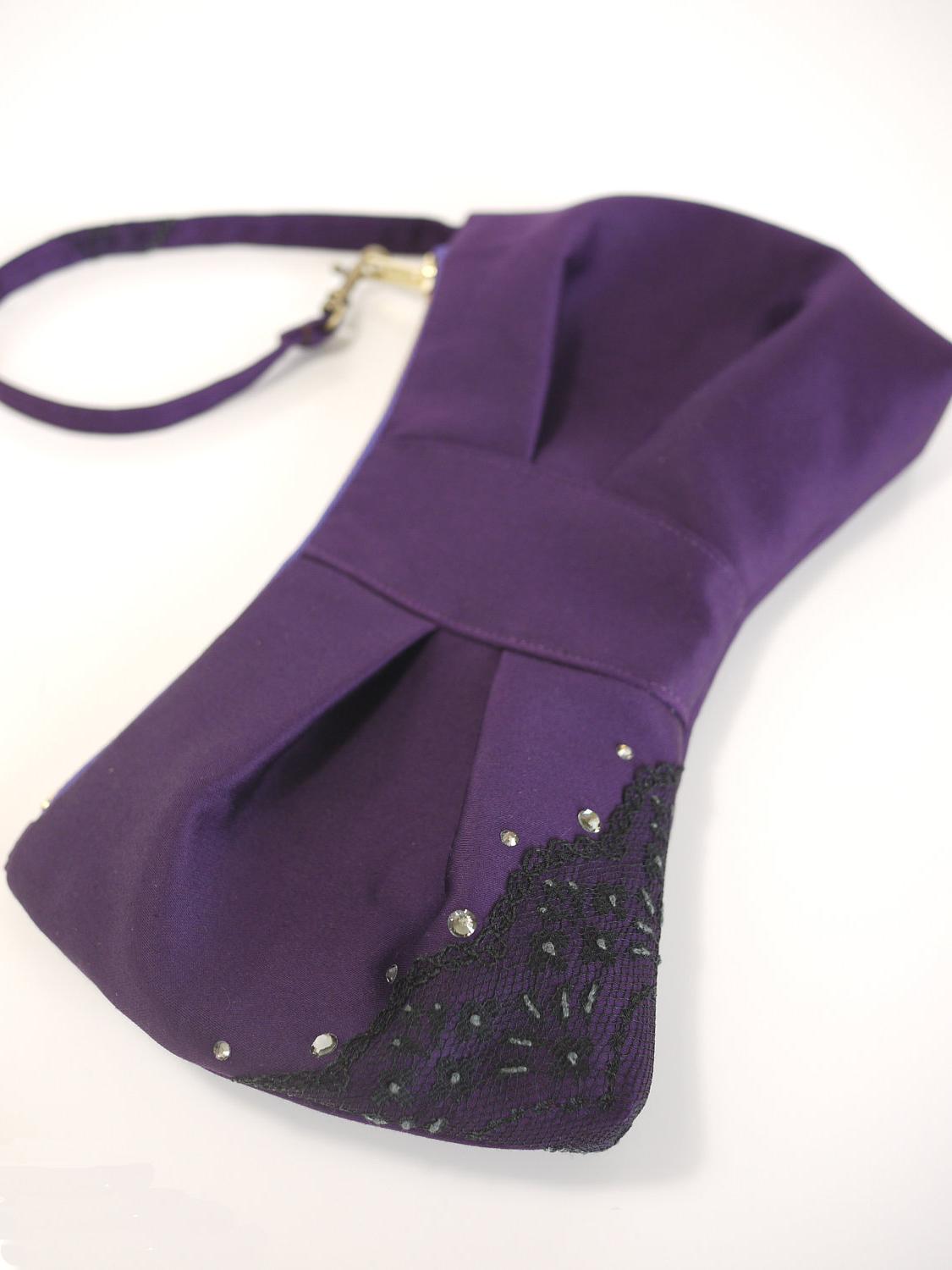 Made to Order  3D Bow Wristlet in Dark Purple with Black Lace & Swarovski