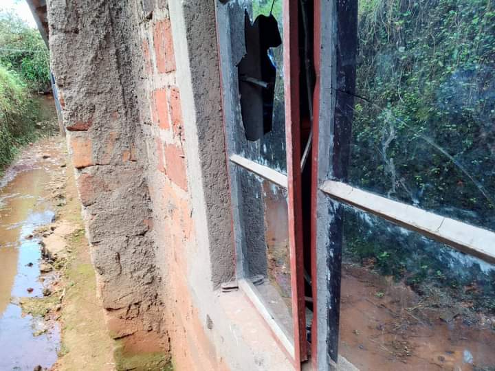 A broken window where the suspects gained entry into Motonyoni SDA church before stealing holy communion items