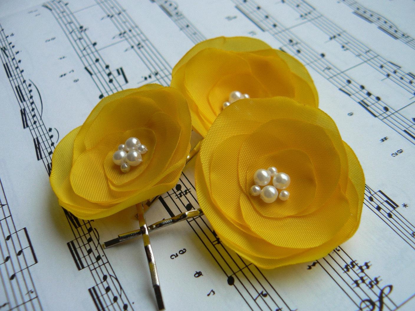 Yellow Wedding Flower Hair Clips - Set of 3 Bobby Pins. From madebywildangel