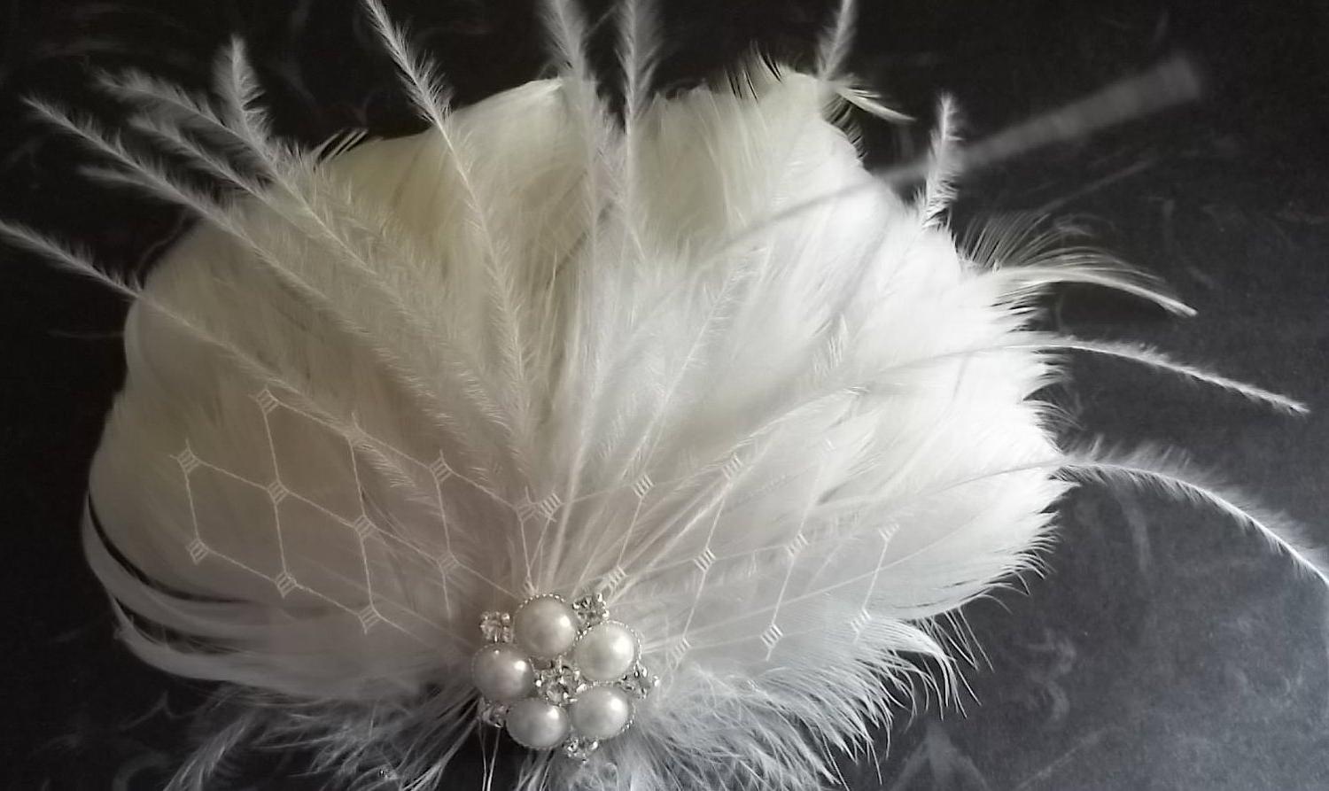 White Feather Fascinator, Rhinestones, Pearls, Bridal Fascinator, Feather
