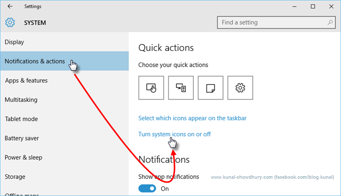 Windows 10 System Settings - Notifications and actions (www.kunal-chowdhury.com)