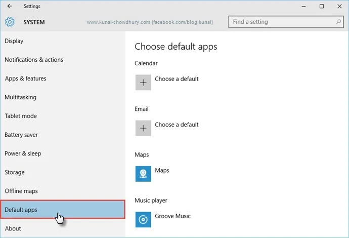 Windows 10 - Settings Page - Default apps (www.kunal-chowdhury.com)