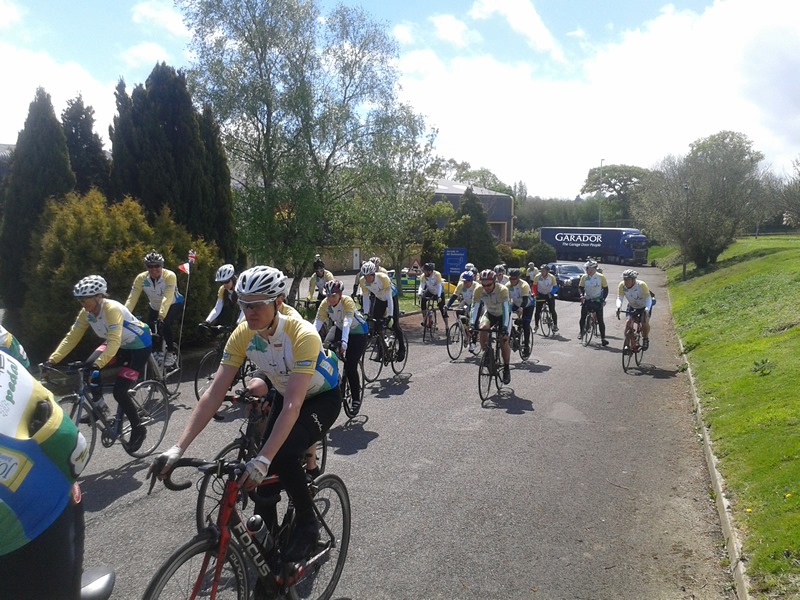 Cyclists leaving the grounds of the Garador factory in Yeovil