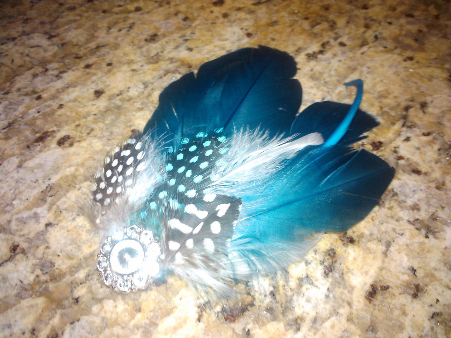 Charlotte - Malibu Blue and Guinea Feather Hair Fascinator W  Rhinestone