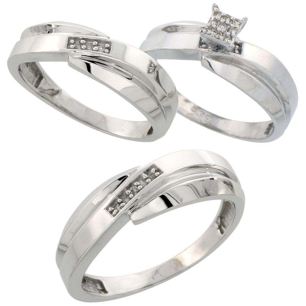 Sterling Silver 3-Piece Trio His  7mm  & Hers  6mm  Diamond Wedding Band Set