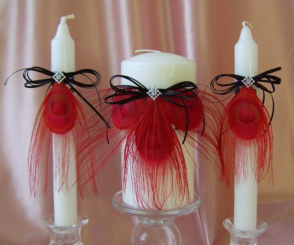 Red Peacock Feather Wedding : Unity Candle and Tapers Set, Red and Black