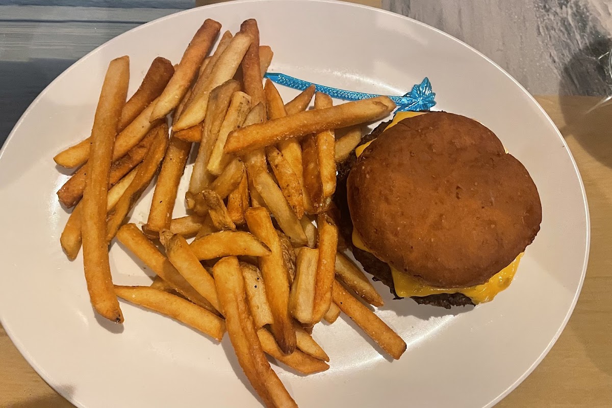 Cheeseburger on a gluten-free bun and french fries