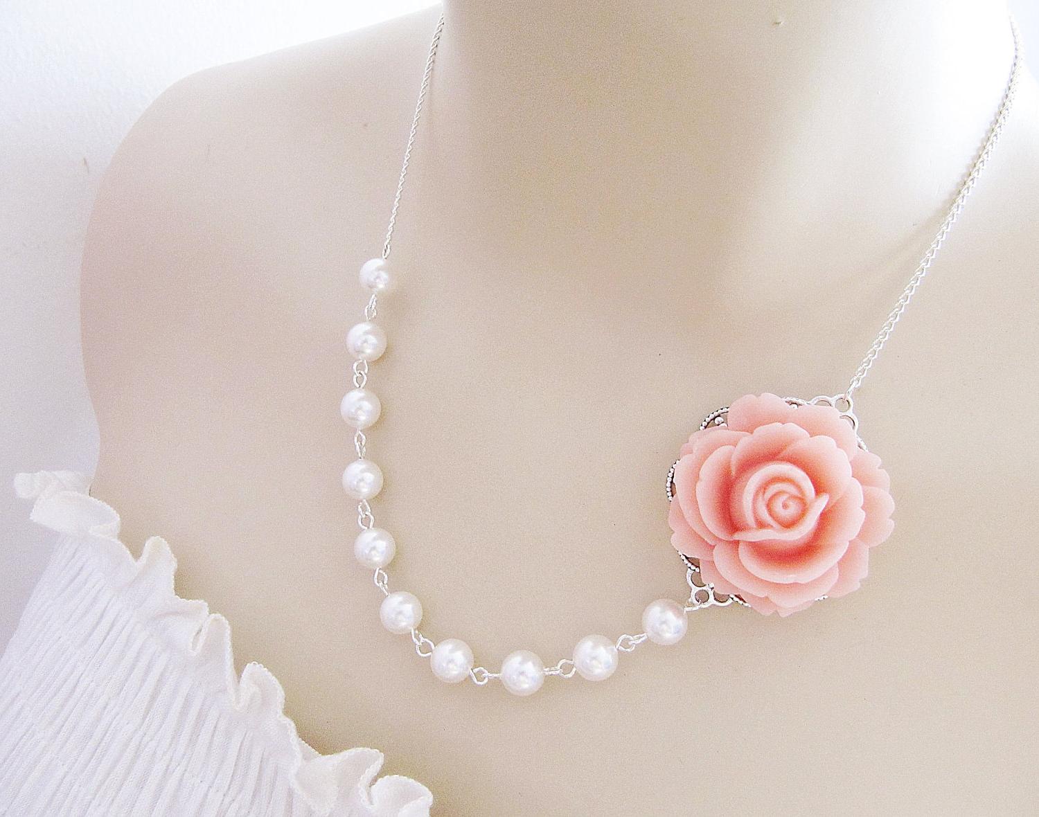 Bridal Necklace Bridesmaid Necklace Romantic light pink Rose Flower Cabochon