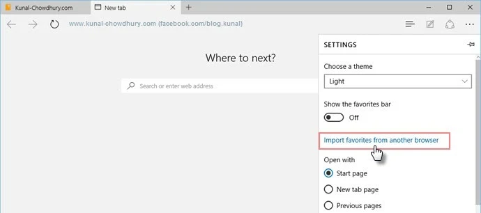 Windows 10 - Microsoft Edge - Settings - Import favorites from browser (www.kunal-chowdhury.com)