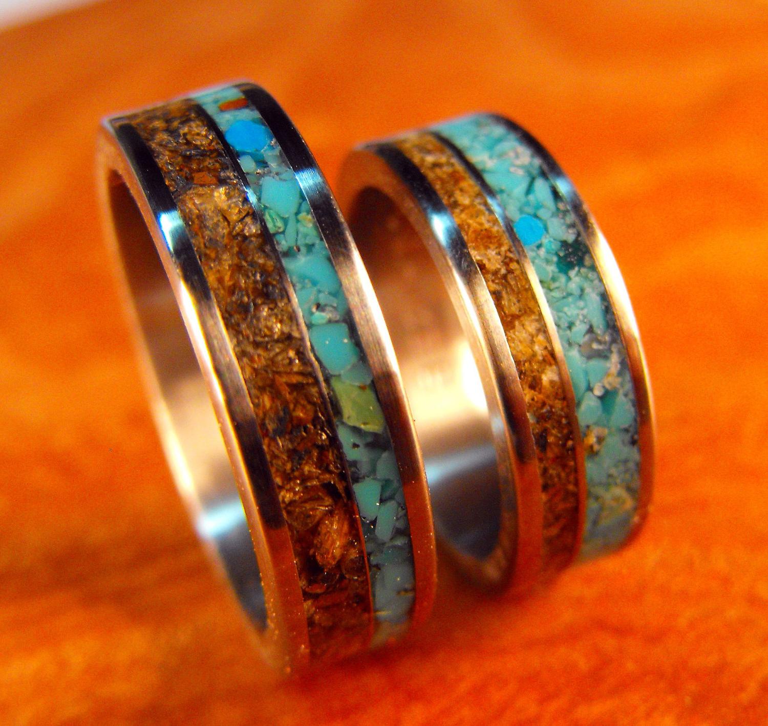 Titanium Wedding Band Set- Turquoise and Tigerseye Stone Inlays