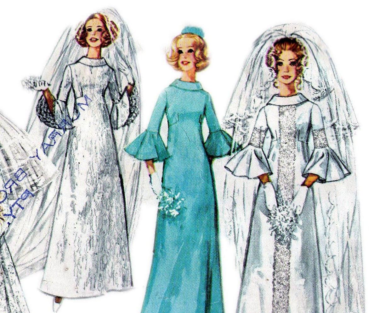 1970s Vintage pattern Wedding or Bridesmaids Dress with Ruffle Sleeves Long