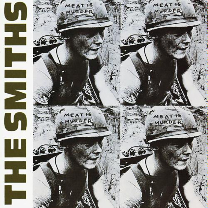 Front cover design for Meat is Murder. Conceptually this record sleeve design is considered one of the finest of the 1980s after Morrissey’s appropriation of a still from Emile de Antonio's 1968 documentary In the Year of the Pig. The photograph selected was taken in 1967 and shows Marine Cpl. Michael Wynn whose helmet inscription has been altered from Make War Not Love to Meat is Murder