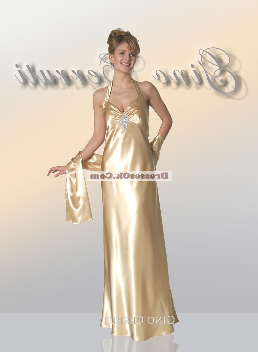 Discount empire halter top floor length satin beading cocktail dress