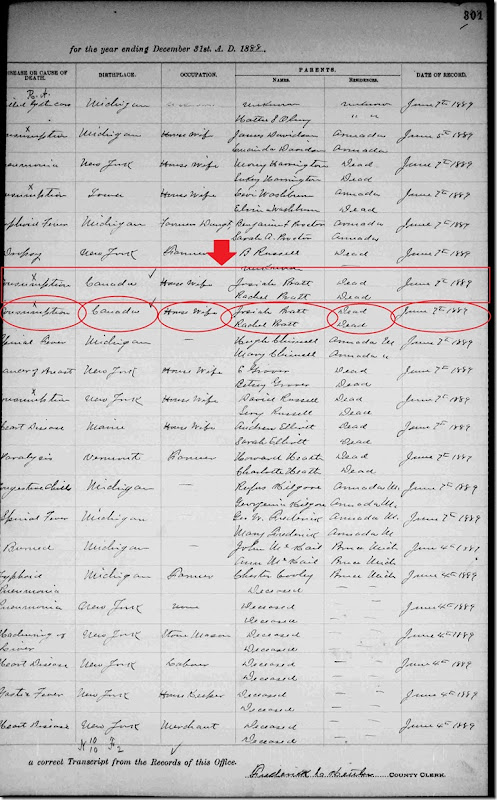 SUMNER_Mary nee PRATT_death record_21 Apr 1888_ArmadaMacombMichigan_pg 2_showing Sarah