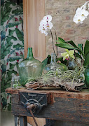 In the conservatory area, a workbench is topped with an array of plants. The floral wallpaper in the guest bathroom at the entrance is a playful reference to the botanical theme.