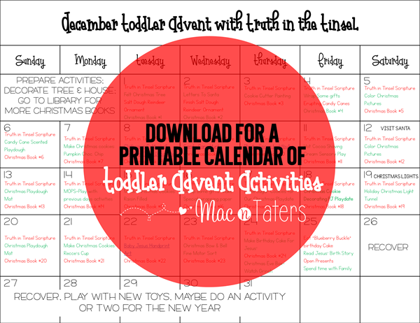 printable calendar of toddler advent activities