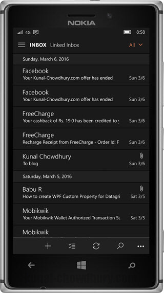 Outlook mail for Windows 10 Mobile - Message Preview turned OFF (www.kunal-chowdhury.com)