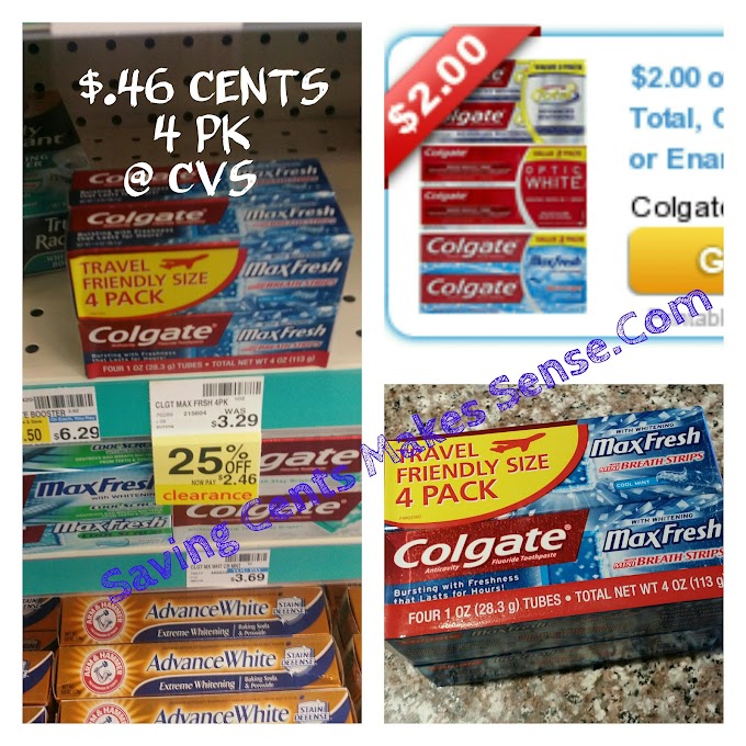 #CVS: Only $.46 Cents 4pk #Colgate MaxFresh #Toothpaste 